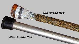 Side-by-side comparison shows a new anode rod and a corroded one