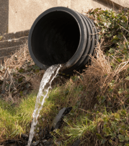 Water flows from a corrugated black pipe into a grassy area.