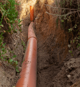 A long orange PVC pipe runs through a narrow trench cut into the earth