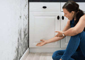 A woman kneels beside a wall covered in dark mold, gesturing to it